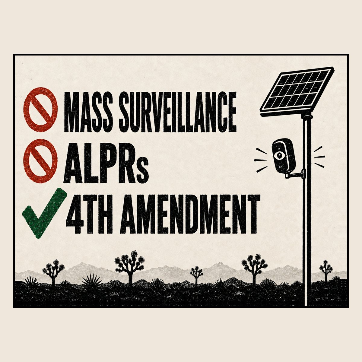 No Mass Surveillance yard sign with vintage Joshua Tree desert scene