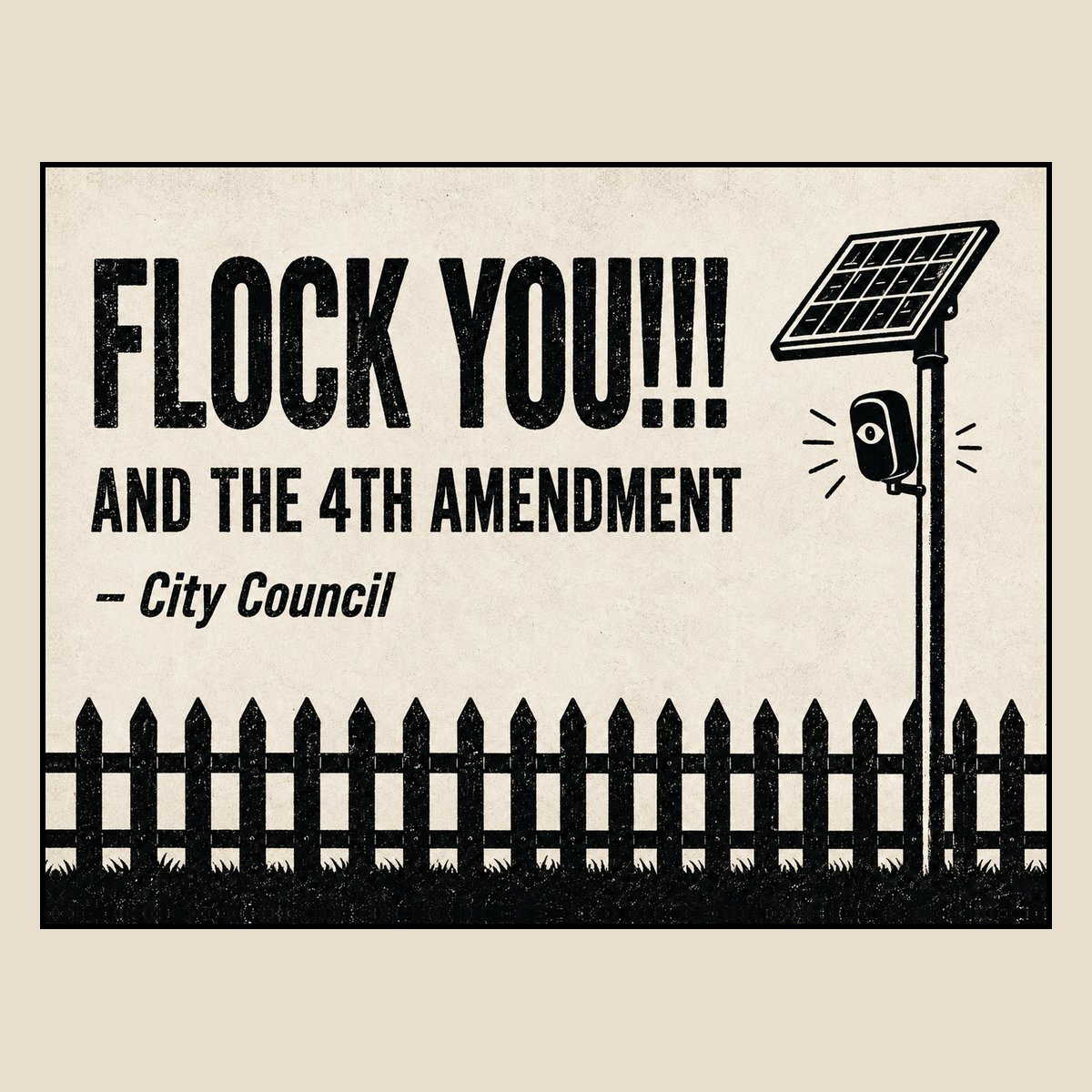 Distressed vintage FLOCK YOU yard sign with picket fence neighborhood scene
