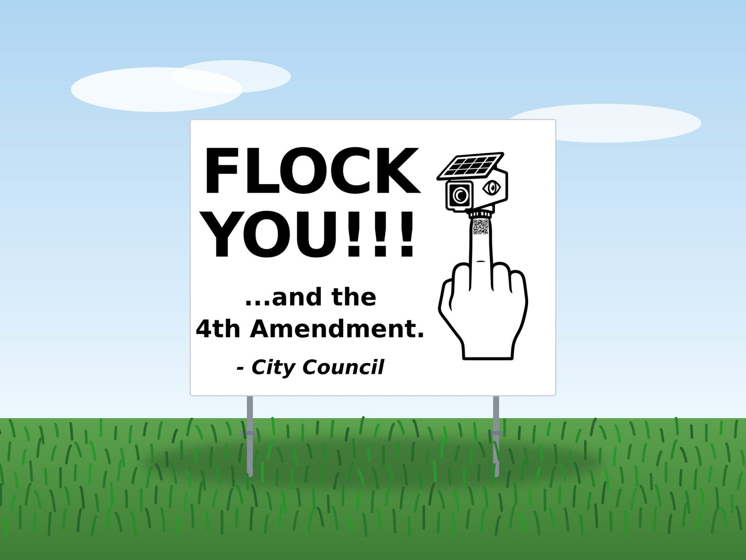 24x18 FLOCK YOU protest yard sign staked in a front lawn