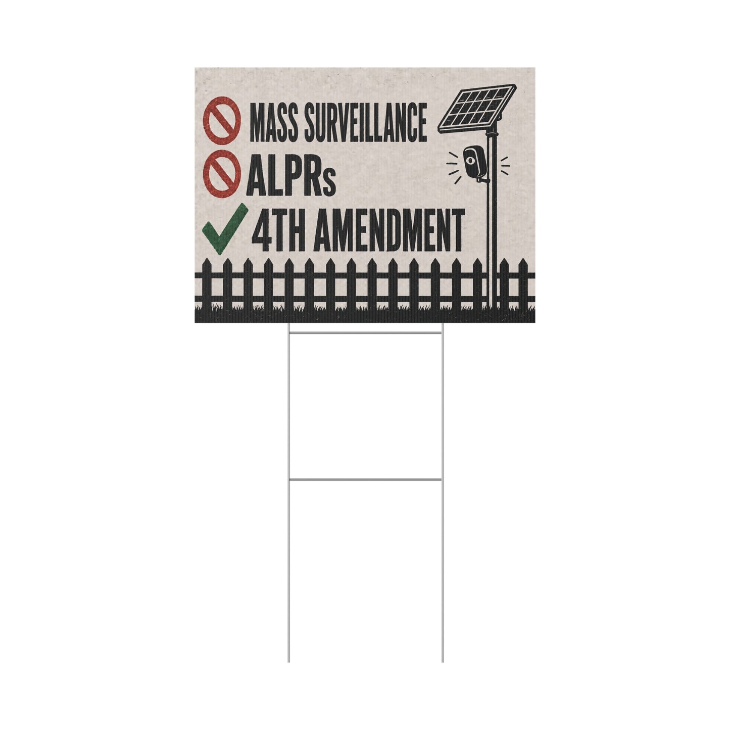 No Mass Surveillance Yard Sign 24x18 | Anti ALPR Camera Vintage Picket Fence Print | 4th Amendment Lawn Sign w Stake