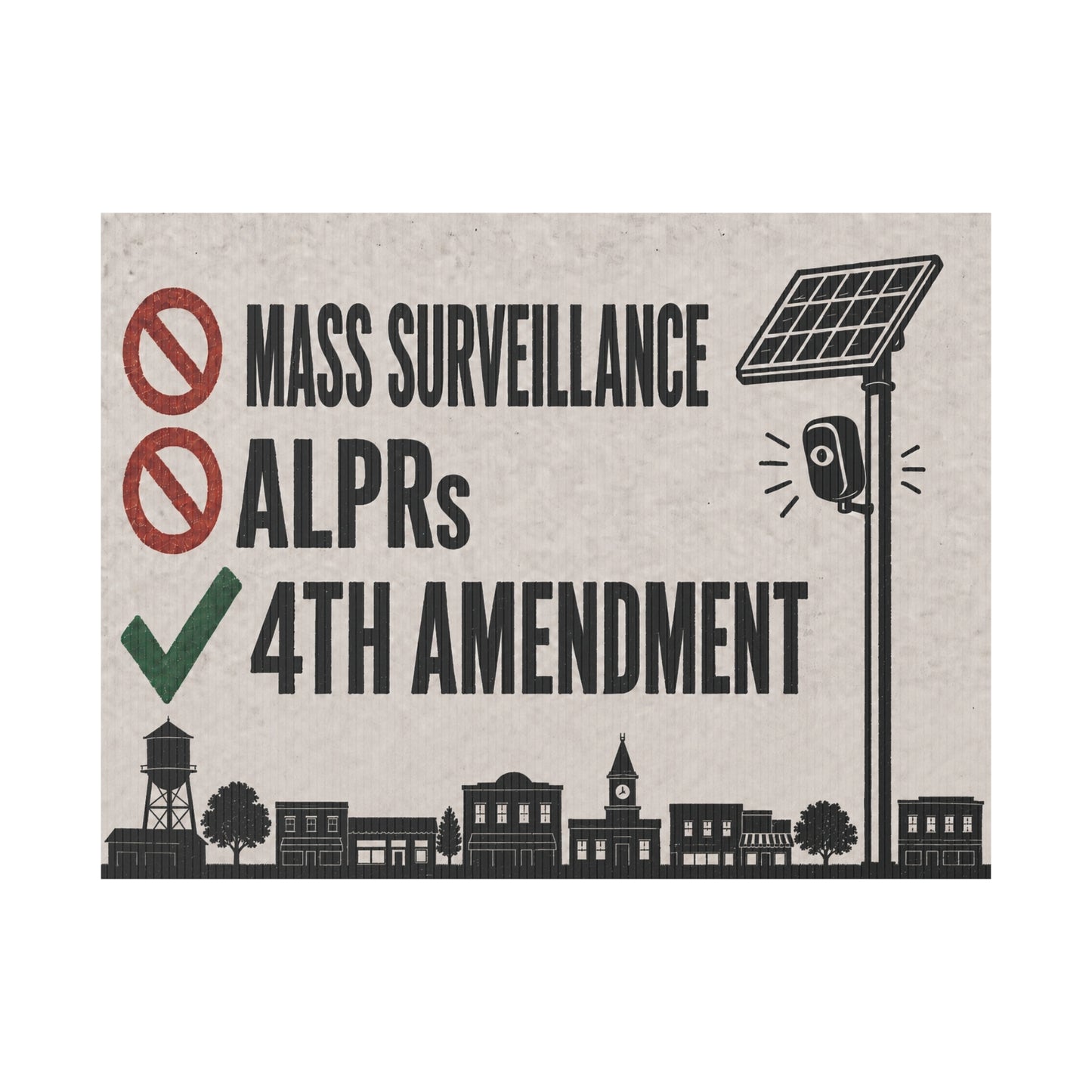 No Mass Surveillance Yard Sign 24x18 | Anti ALPR Camera Vintage Small Town Print | 4th Amendment Lawn Sign w Stake