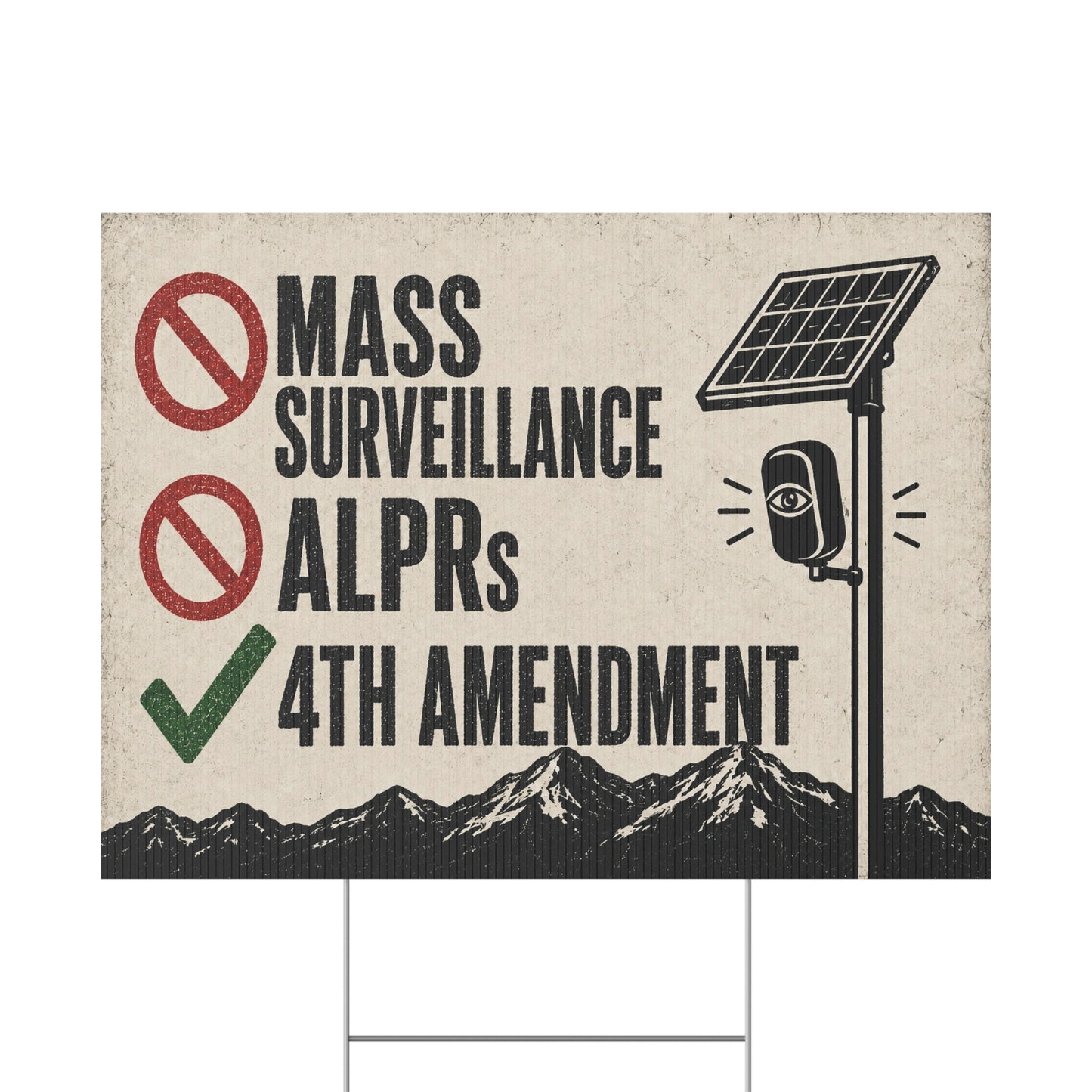 No Mass Surveillance Yard Sign 24x18 | Anti ALPR Camera Vintage Mountain Print | 4th Amendment Lawn Sign w Stake
