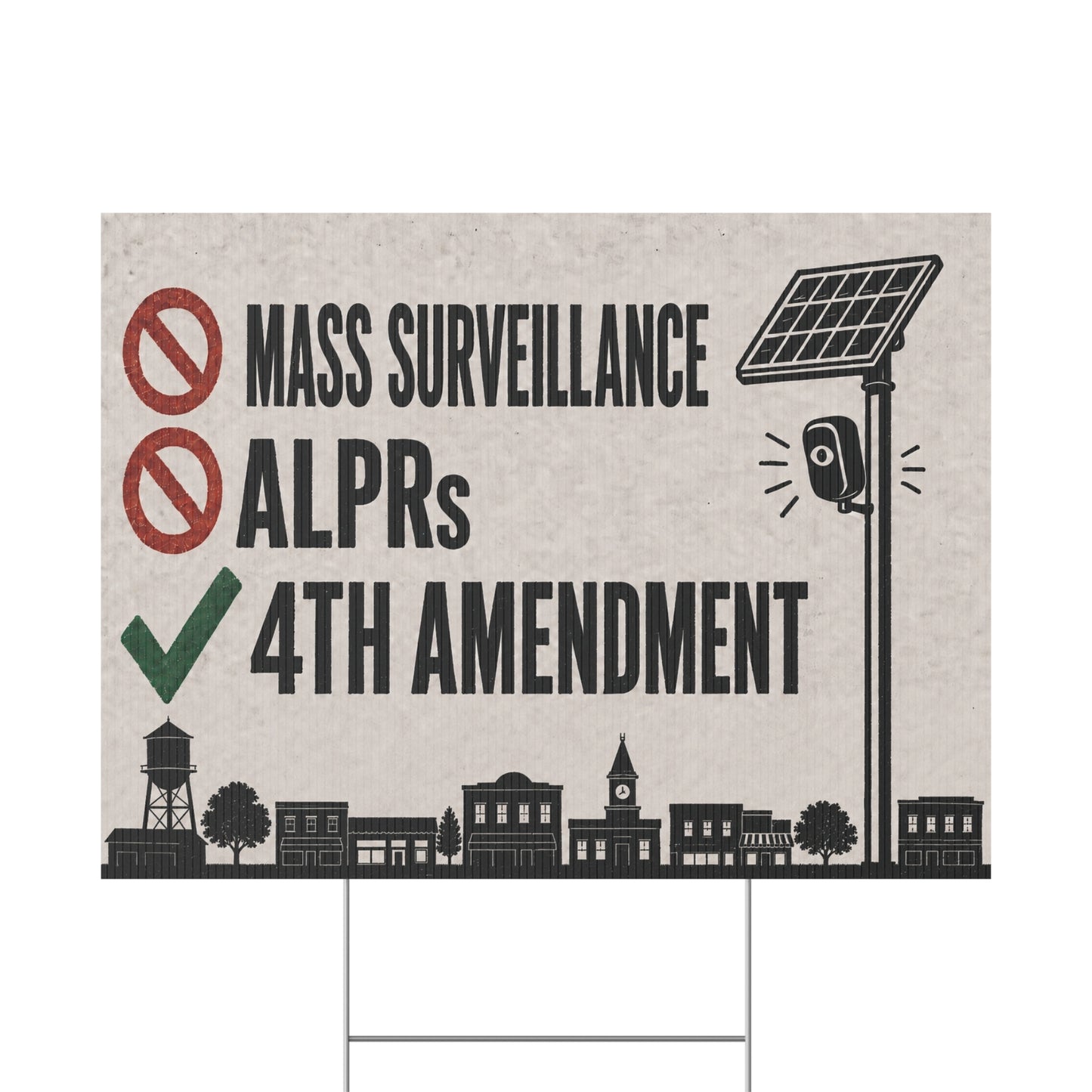 No Mass Surveillance Yard Sign 24x18 | Anti ALPR Camera Vintage Small Town Print | 4th Amendment Lawn Sign w Stake