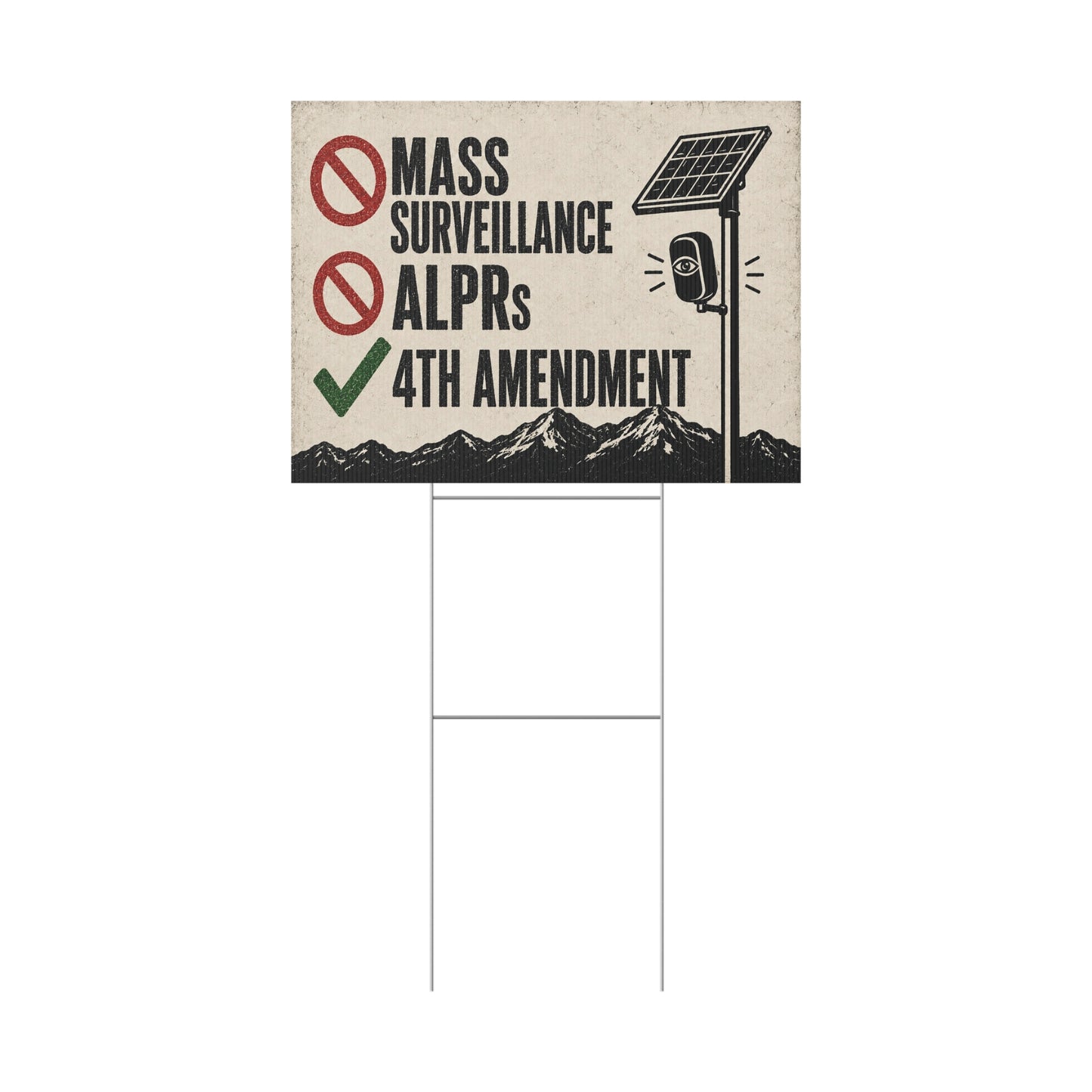 No Mass Surveillance Yard Sign 24x18 | Anti ALPR Camera Vintage Mountain Print | 4th Amendment Lawn Sign w Stake