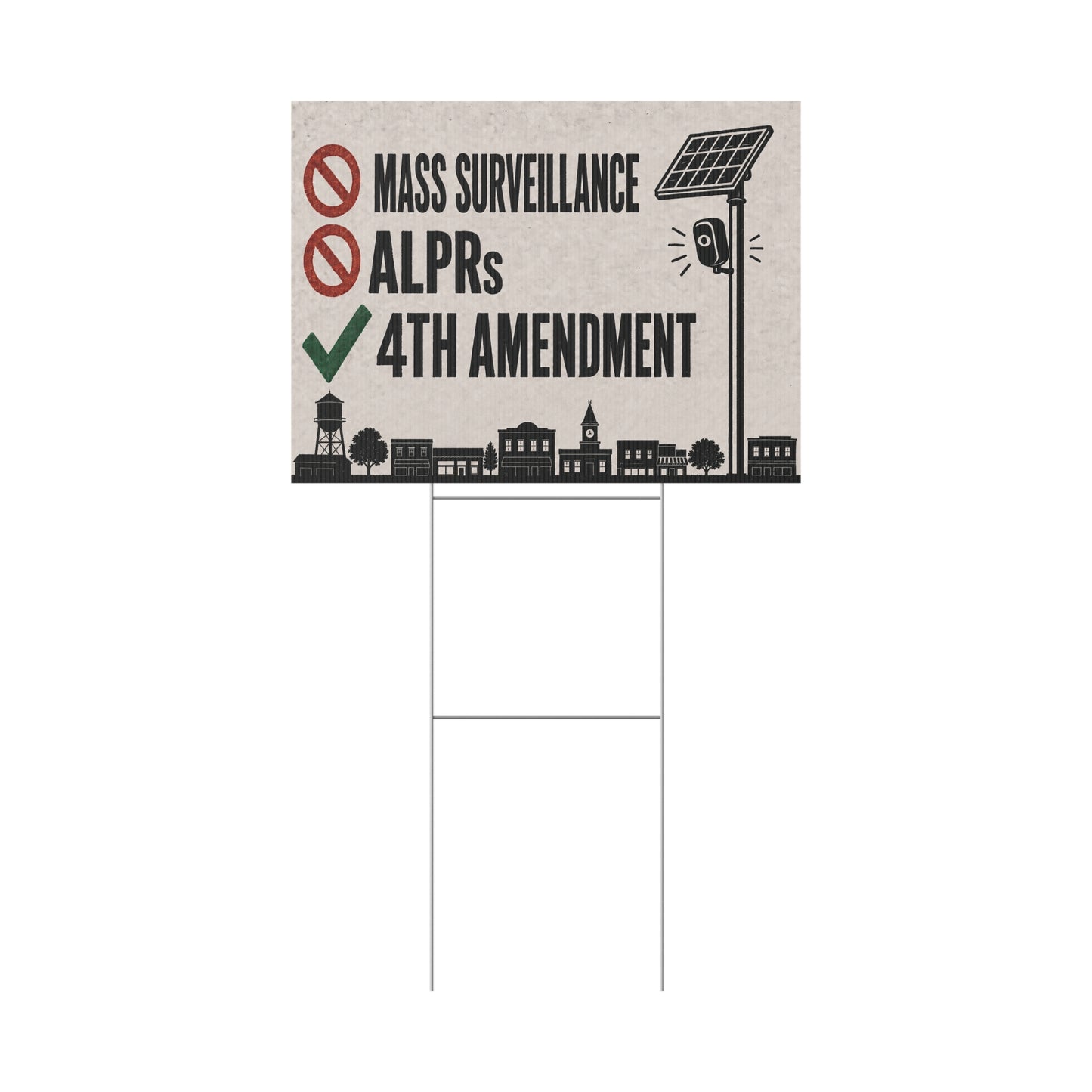 No Mass Surveillance Yard Sign 24x18 | Anti ALPR Camera Vintage Small Town Print | 4th Amendment Lawn Sign w Stake